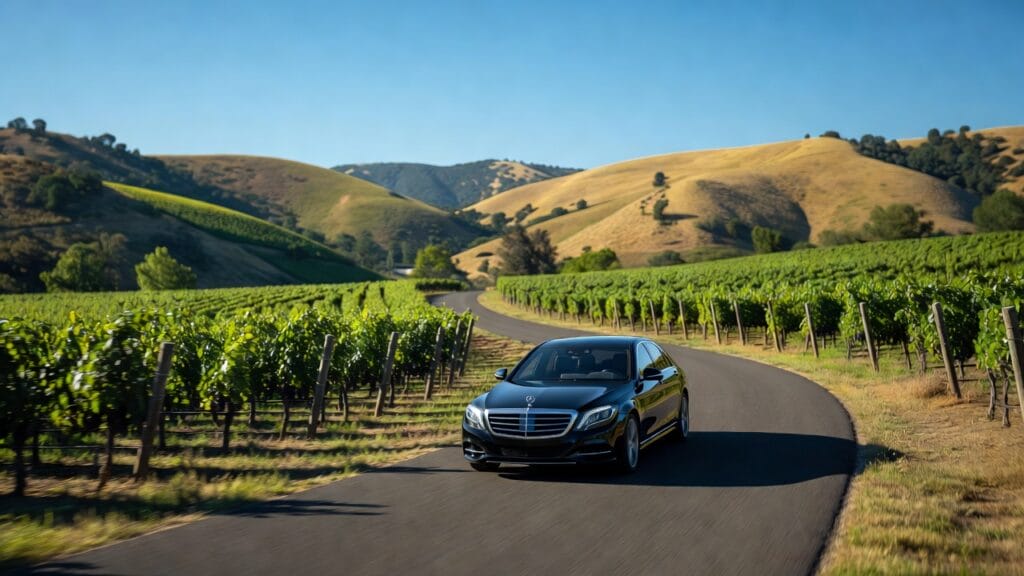 Luxury limousine service vehicle parked at Napa Valley winery for wine tour